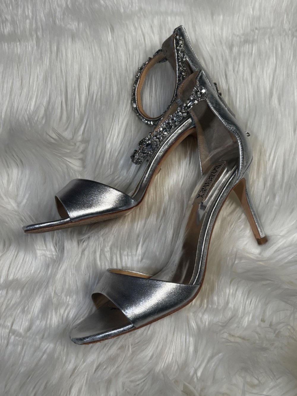 EUC [Badgley Mischka] Silver + Rhinestones Bridal Stiletto 3.5" High Heels | 7 - Picture 3 of 12